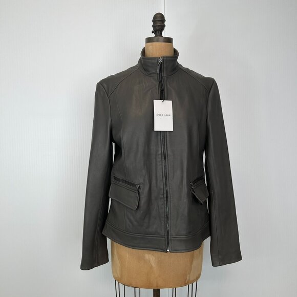 Cole Haan Jacket Women Large Leather Lamb Moto Biker Zip Up Work Coat Hype Core - Picture 1 of 16